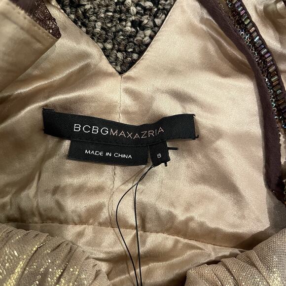 BCBGMAXAZRIA Beaded Lace/Silk Dress Sz 8 Gold/Brown Sleeveless Cocktail Wedding - Picture 10 of 12
